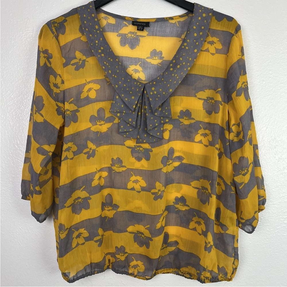 Piano Brand Women's Semi Sheer Floral Top Ruffle Neck Detail Orange & Gray Large